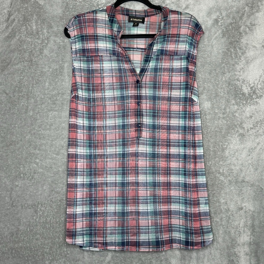 G Collection 3X Shirt Top‎ Pink Plaid Sleeveless V Neck Henley Sheer Lightweight